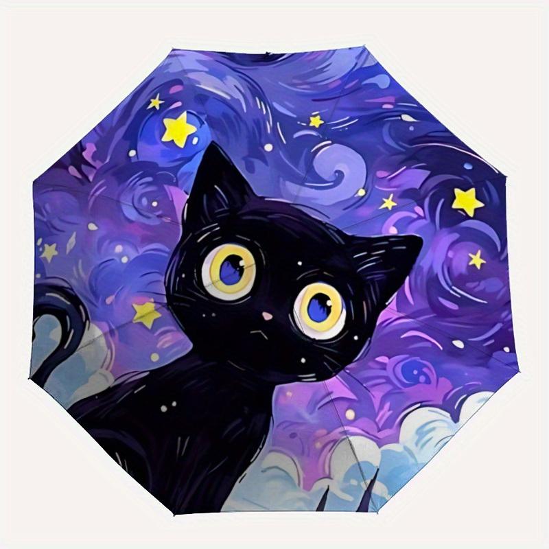 1pc "Starry Night Cat" Automatic Open 8-Rib Windproof Umbrella, Travel & Commuting, Suitable for All Seasons