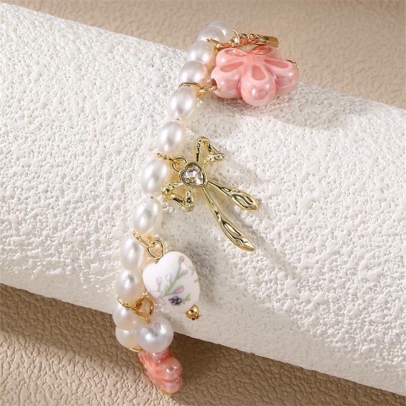 Geometric Heart Pendant Necklace And Bracelet Set For Women With Pearl And Alloy Jewelry