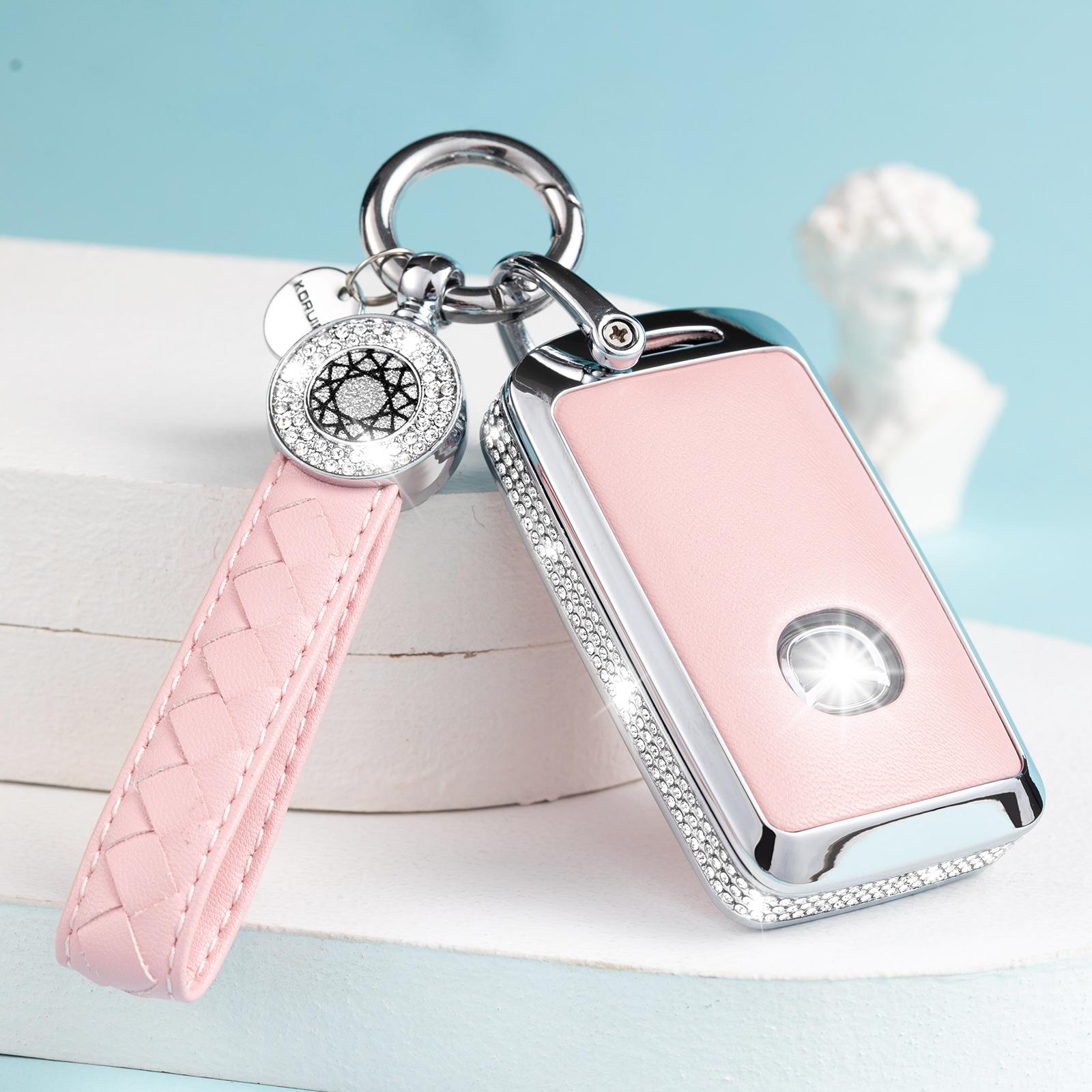 

Key Fob Cover Compatible with Mazda, Pink Leather Crystal 360 Degree Protection Key Shell Case for 2019-2022 Mazda 3, Mazda 3 H розовый