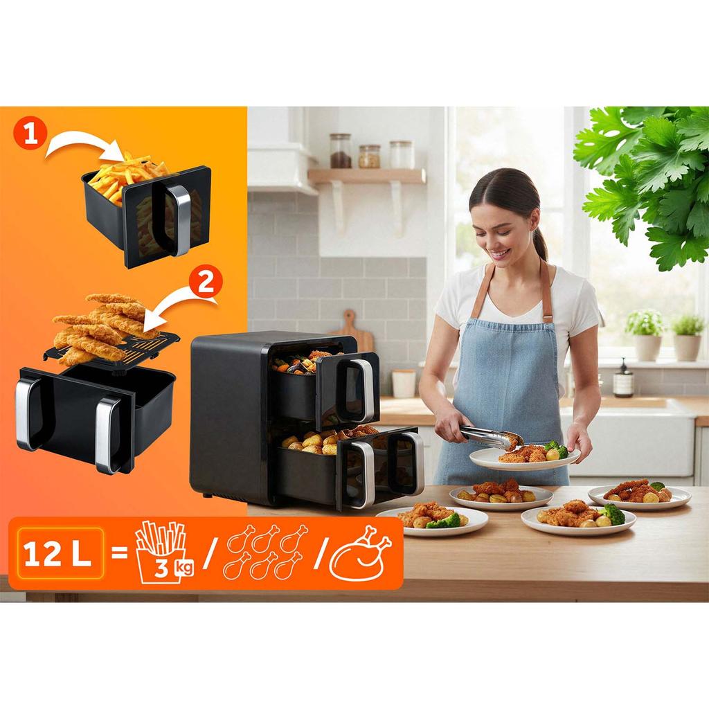 Friggitrice ad Aria Senza Olio a Doppia Cestella Verticale 12 L Air Fryer Friggitrice Berdsen 2800W Bd-664