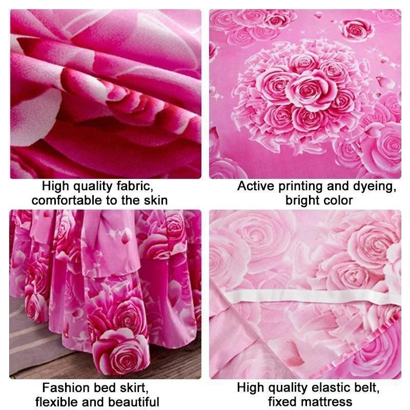 3PC Printed Bed Skirt Set 1Bed Skirt+2Pillowcases Floral Lace Bed Skirt Breathable Soft Bed Cover Bedding Set 360 ° Anti Slip Mattress Protector Cover