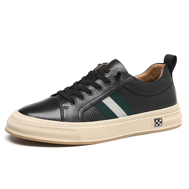 European New Shoes for Men Genuine Leather Casual Shoes Spring High End Striped Flat Skateboard Shoes Cow Leather Sneakers 45-48