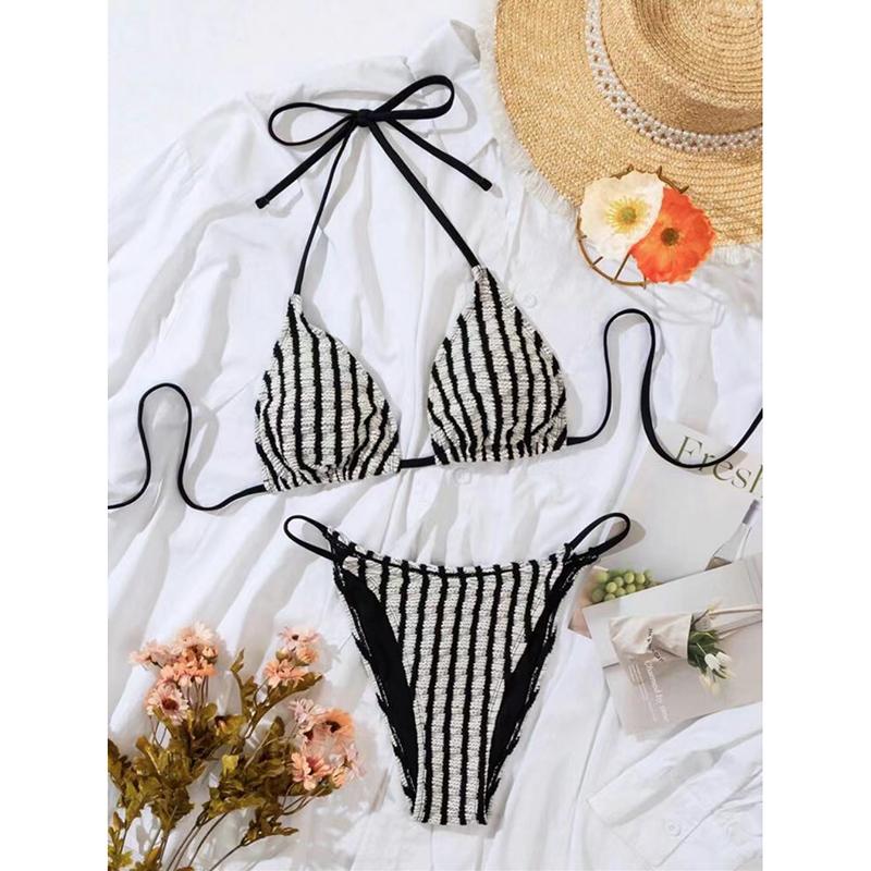 

Sexy Stripe Laced Up Backless Bikini 2 Piece Set Women Split Beach Bikini Swimsuit New Summer Swimwear Bikinis Set L чёрный