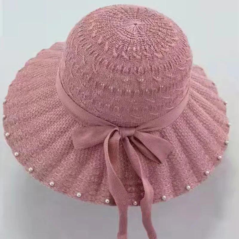 WTEMPO Solid Color Pearls Sun Hats Summer Women's Straw Beach Hats Sun Protection Breathable Fashion Elegant Bucket Hats