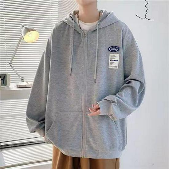 Men's Trendy Hooded Waffle-Weave Zip-Up Cardigan Sweatshirt for Spring/Autumn Hong Kong Style