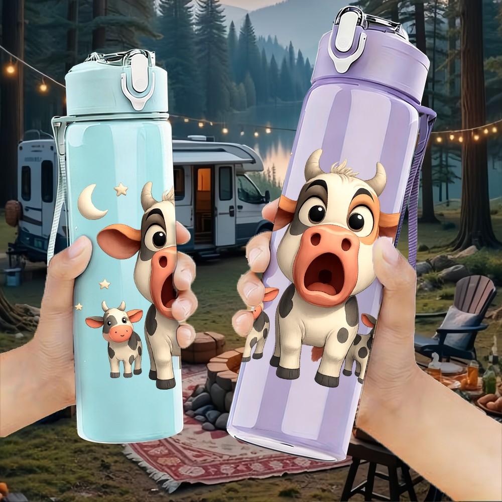 1PC Funny Cow Farm Animal Pattern 750ml Color Plastic Sports Water Bottle Leakproof Flip Straw Lid Suitable for Sports Office Home Use
