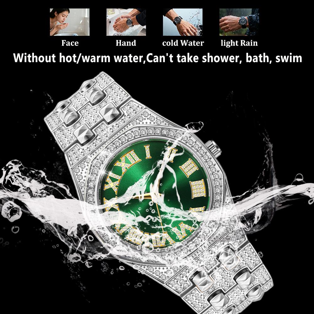 Mens Bling Diamond Watch Zinc Alloy Waterproof Quartz Wristwatch Roman Numerals Fashion Hip Hop Iced Out Watch for Men