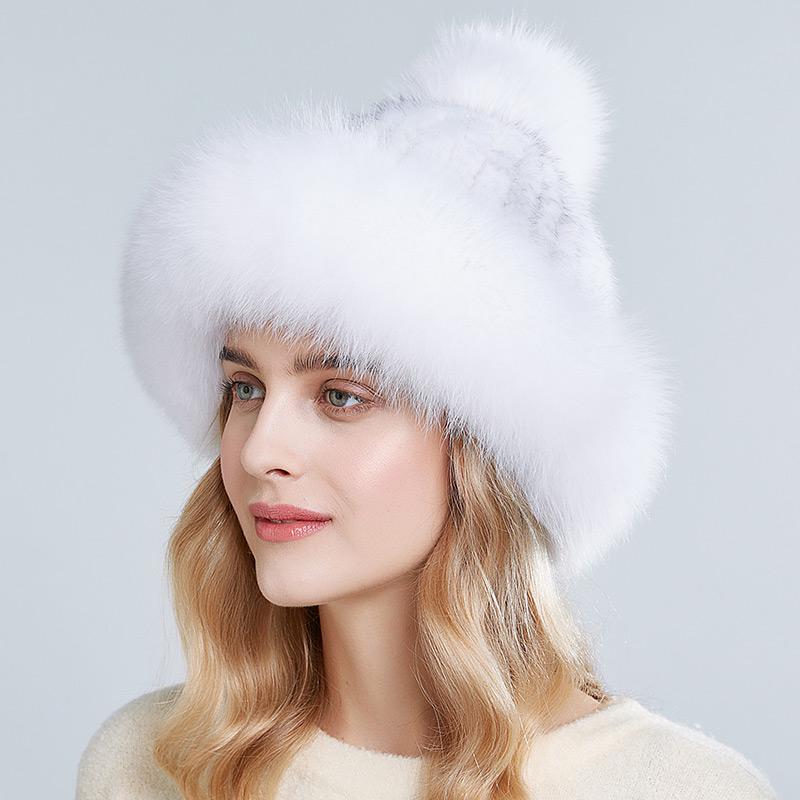 Genuine Mink Fur Beanie Hat Winter Womens Fox Brim Hats Thick Warm Fox Fur Caps With Pompom Fashion Fur Knit Beanies