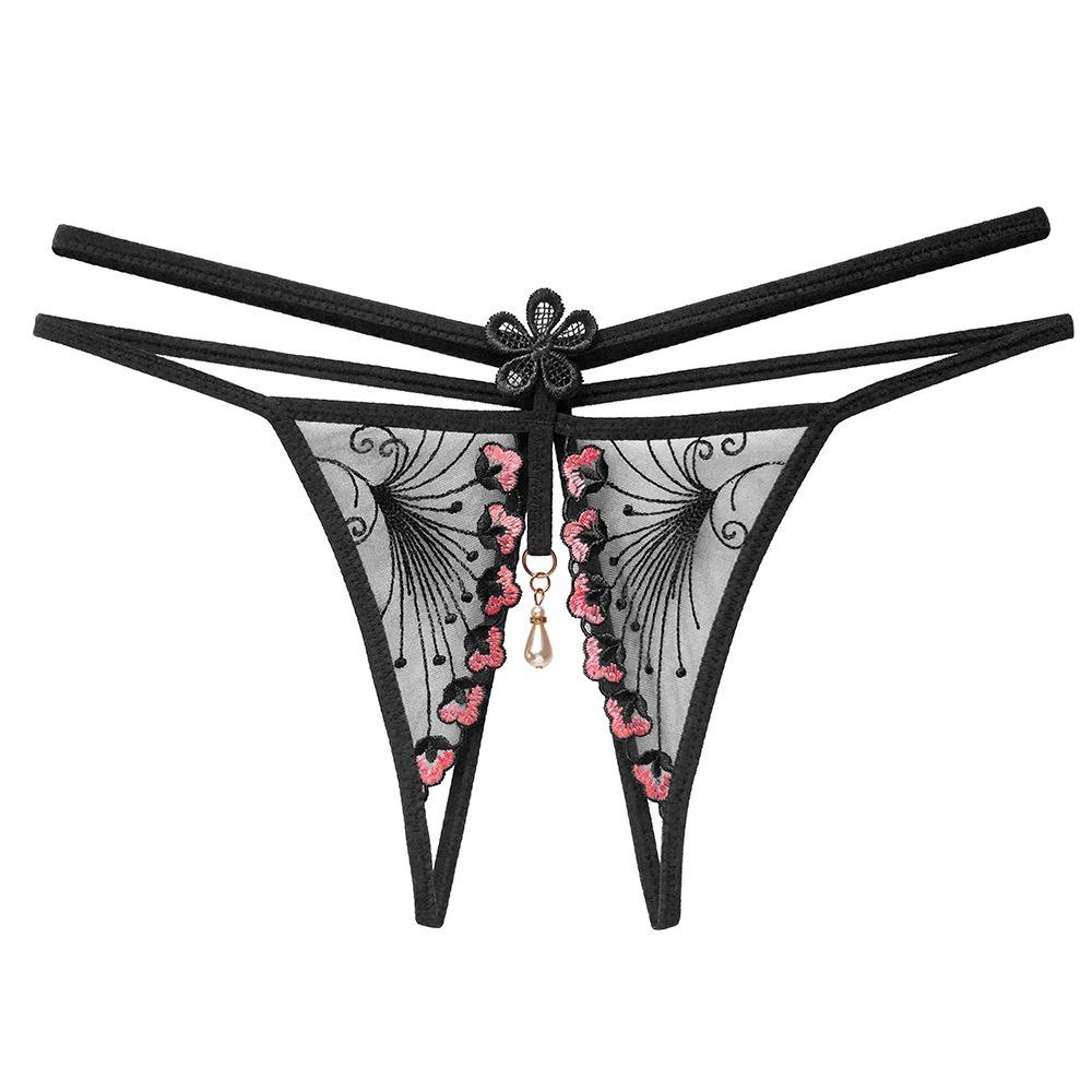 Want To Tie Julie * Embroidered Lace Open Panties Women's Erotic Beads Transparent Seduction Low Waist Free Thong
