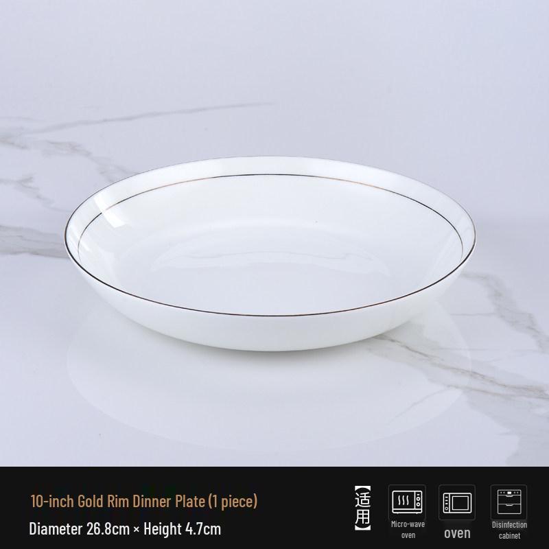 Ceramic Gold Rim Bone China Tableware Set - Microwave Safe Deep Plate, Rice Bowl for Home and Hotel Use.