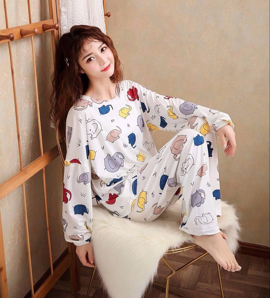 Women's Long-Sleeve Cartoon Pajama Set - Cute Korean Style Homewear for Autumn, Winter, Spring - Plus Size Available
