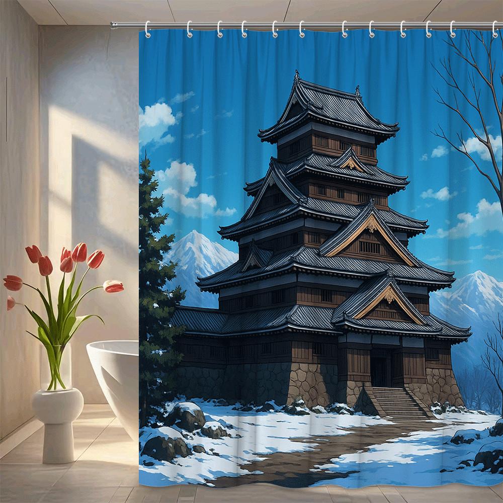 

Waterproof Shower Curtain Japanese Castle Mountain Snow Scene Machine Washable Durable Fabric Bathroom Decor For All Seasons W60H190(CM)-1 Pcs