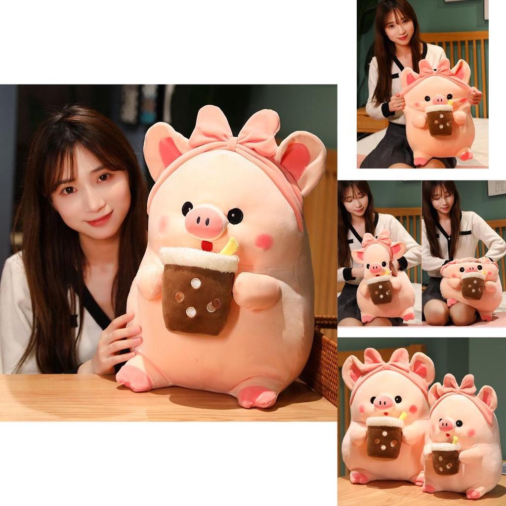 Adorable Milk Tea Pig Pink Pig Plush Toy With Bow Headband