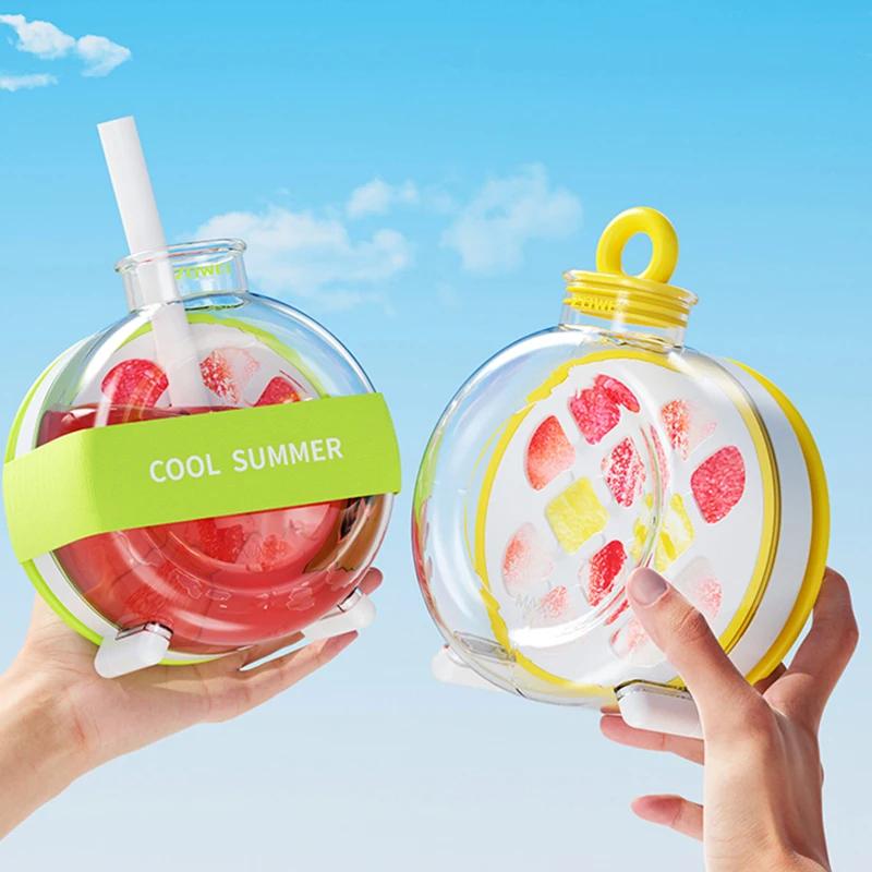 Creative Ice Cube Mold with Straps Straws Ice Maker Portable Plastic Ice Cup Kettle Outdoor Fitness Drink Bottle Ice Cube Tray
