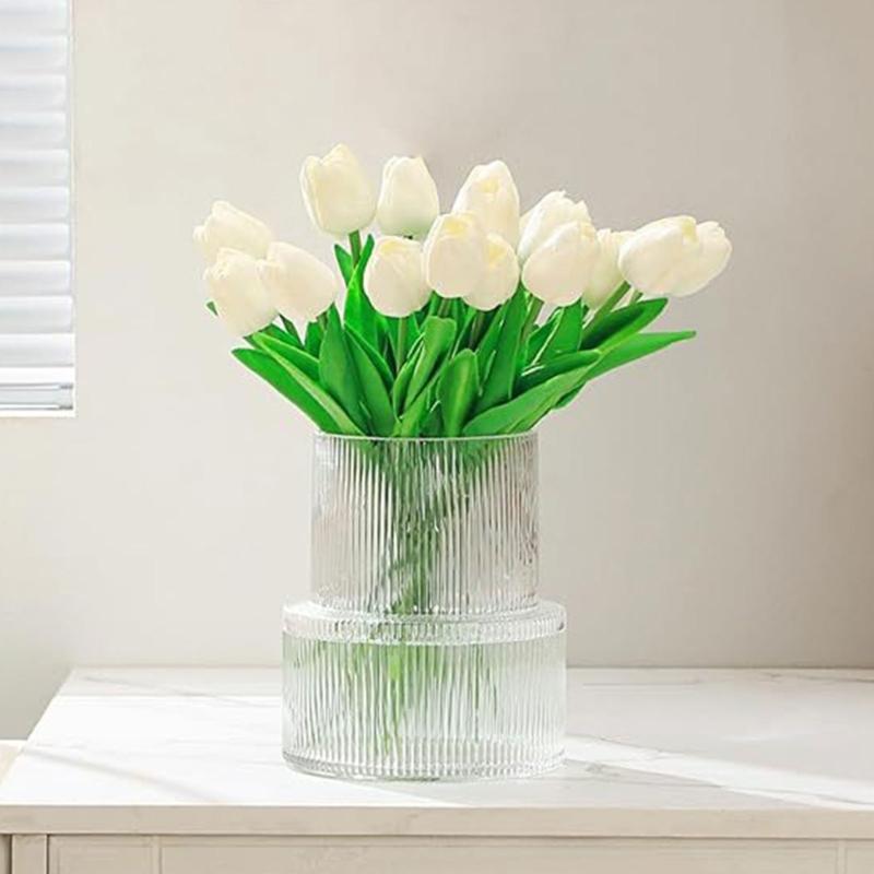 Ribbed Flower Display Jar in Fluted Glass, Indoor Accent Vessel for Cut Flowers, Artificial Bunches, and Desk Placement