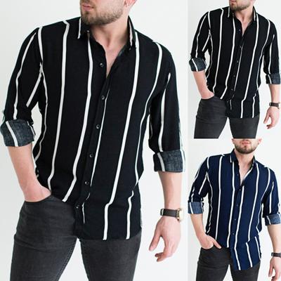 Striped Print Men Shirt Turn-down Collar Top Long Sleeve Buttons Closure Business Shirt Male Clothing