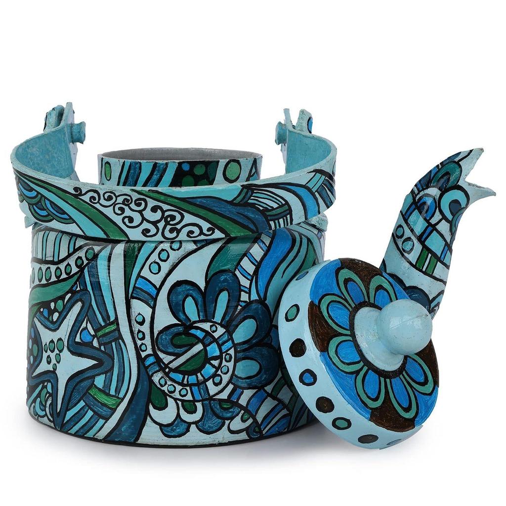 Handpainted Aluminium Decorative Kettle | Turquoise & Blue Abstract Art Print