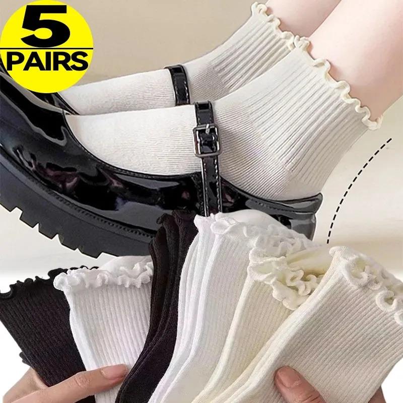 5pairs Korean Lolita JK Ruffle Cotton Socks for Women Middle Tube Ankle Soft Breathable Hosiery Black White Autumn Kawaii Socks