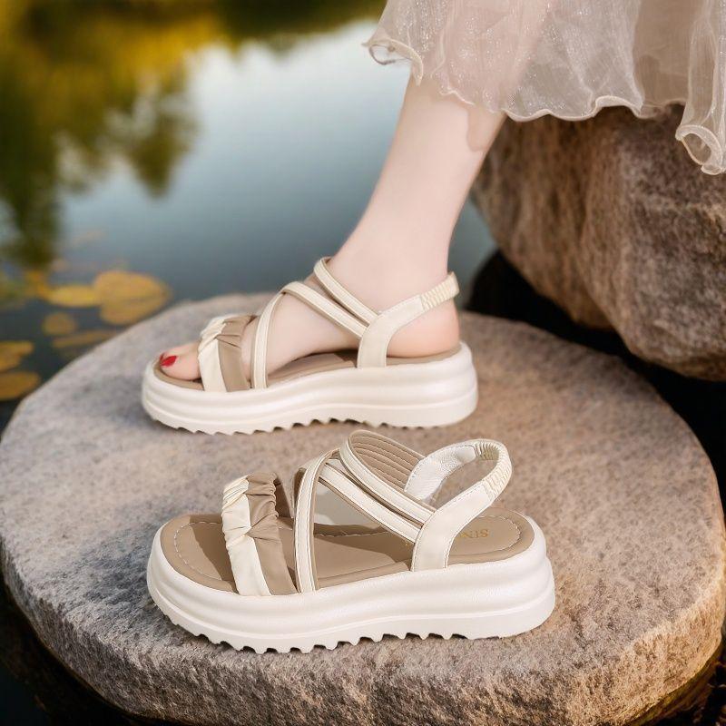 Platform Woven Sandals Slimming Versatile, Breathable Non-slip Women's Shoes Casual Wear, Elastic Band Beach Shoes