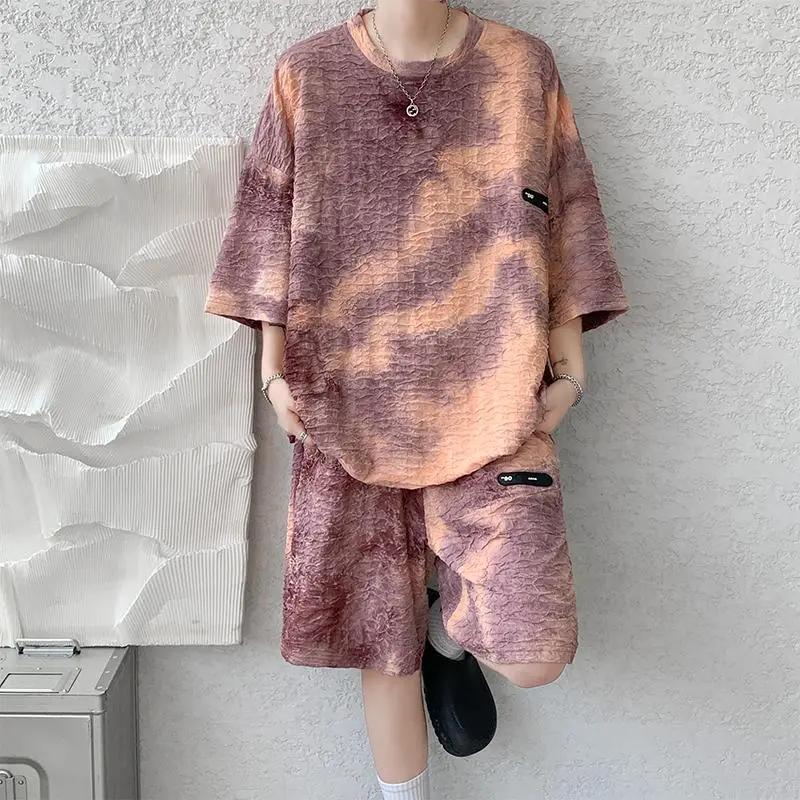 Anzug Herren Sommer Batik Kurzarm T-Shirt Shorts Zweiteiler Freizeit Sportbekleidung