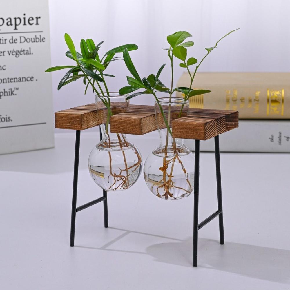 Wooden Frame Hydroponic Planter with Glass Bulb Transparent Container Flower Arrangement Desktop Decoration Home Office