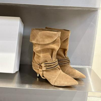 Versión de piel de oveja~ Botines de punta nicho francés tacón kitten botas vaqueras occidentales botas medianas con flecos para mujer