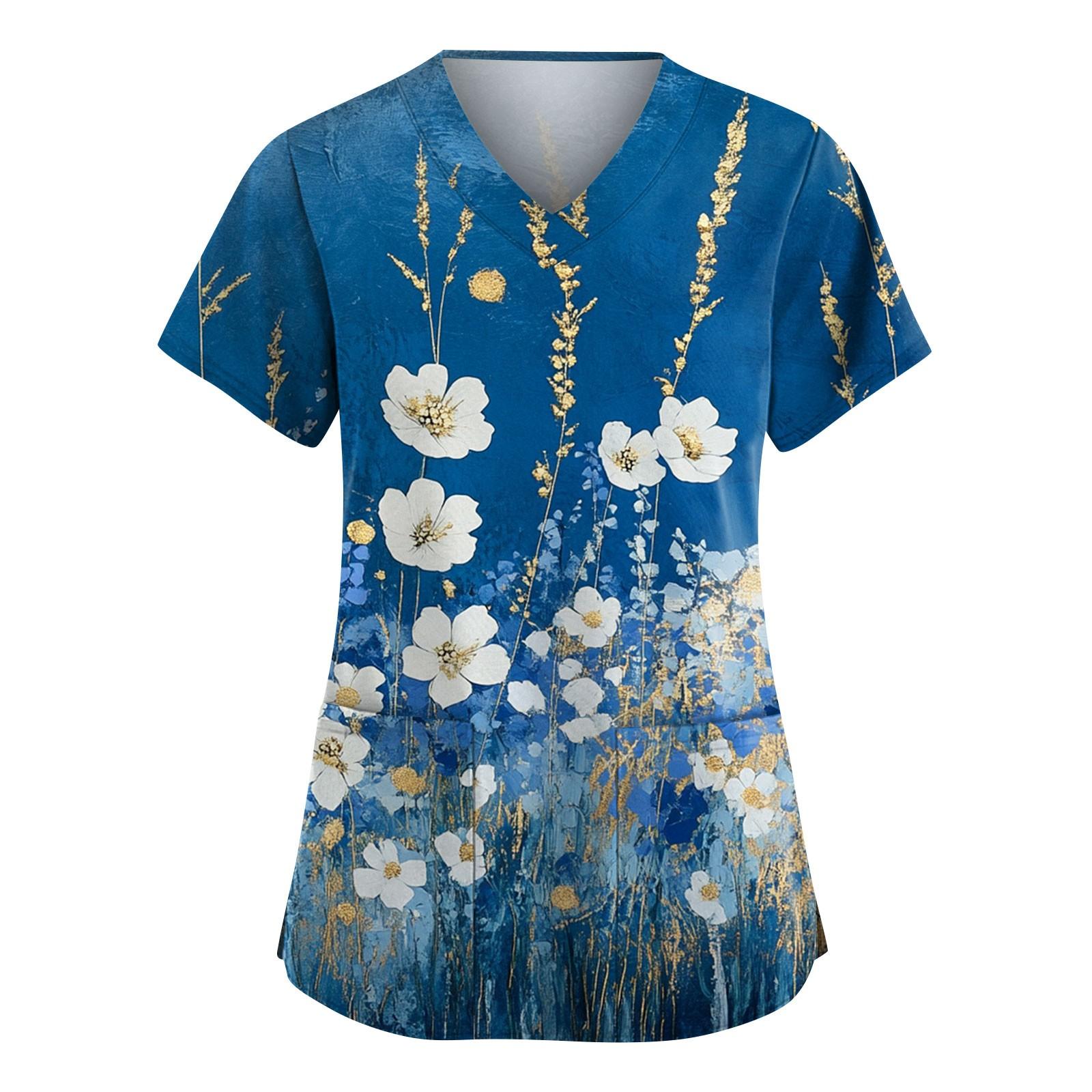 

Женская мода с коротким рукавом, мода, винтажный цветочный принт, V-образный вырез, карман, рабочая одежда, топы M синий