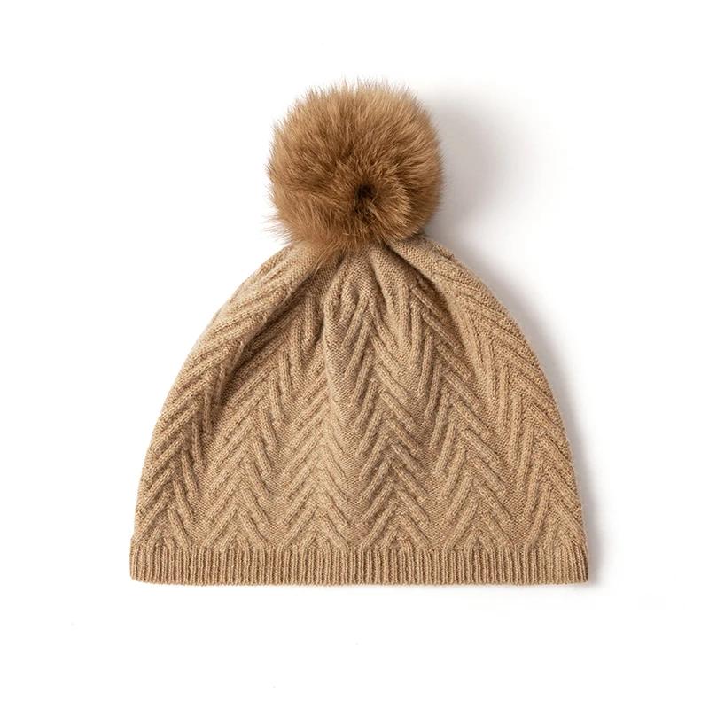 Women 100% Pure Cashmere Solid Color Beanie Hat Pom Pom Detail  Knit Winter Warm Soft Slouchy Skullies Cold Weather Accessory