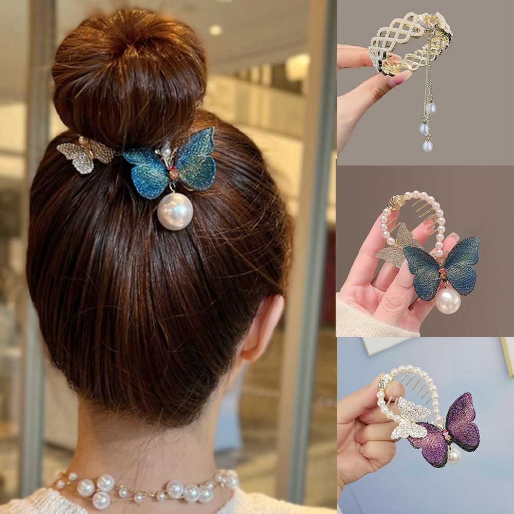 Retro Schmetterling Haarspangen Hängende Perlen Hoher Dutt Perlen Haarspangen Damen Elegante Haarnadeln Pferdeschwanz Schnalle Haarschmuck