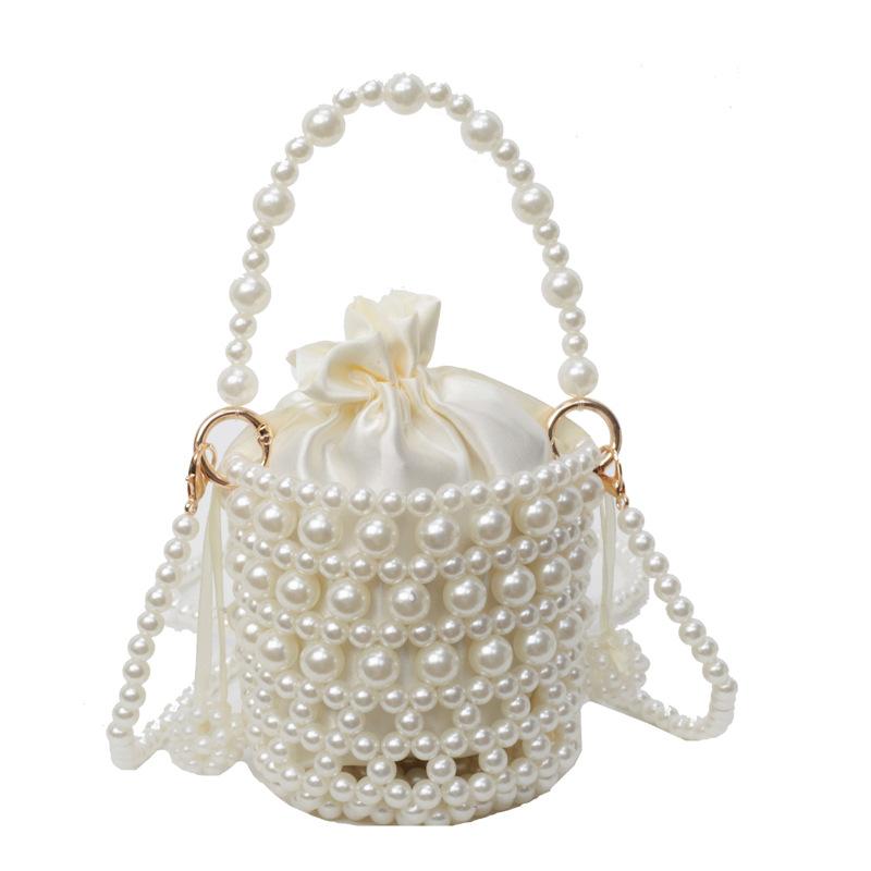Premium bag 2025 spring new fashion woven pearl bucket handbag crossbody hollow bag