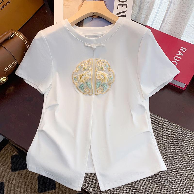 Dámské tričko s krátkým rukávem, krátké, nové, s kulatým výstřihem, vyšívané, červené, plisované, přiléhavé k pasu, top v novém čínském stylu