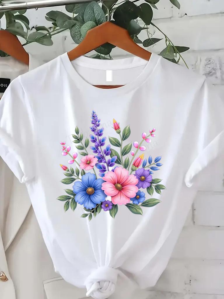 Women's Flower Print T-shirt Comfortable Summer Vibrant Purple and Blue Flowers Short Sleeve Crew Neck Fashion Casual Top Daily