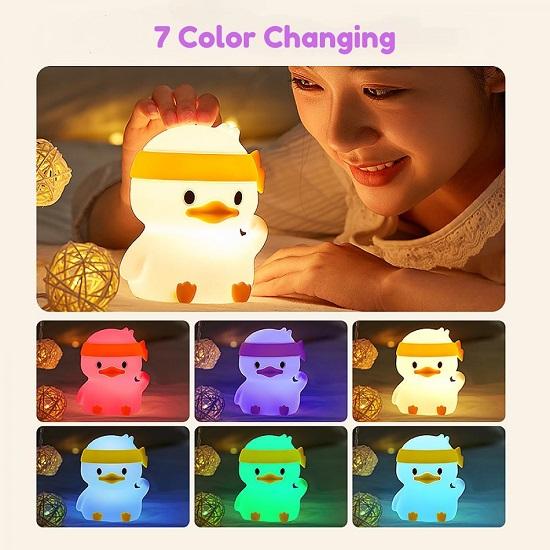 Duck Night Light for Kids, 7 Color Changing LED Silicone Lamp, Tap Control, USB Rechargeable, Soft Safe Bedside Light Gift