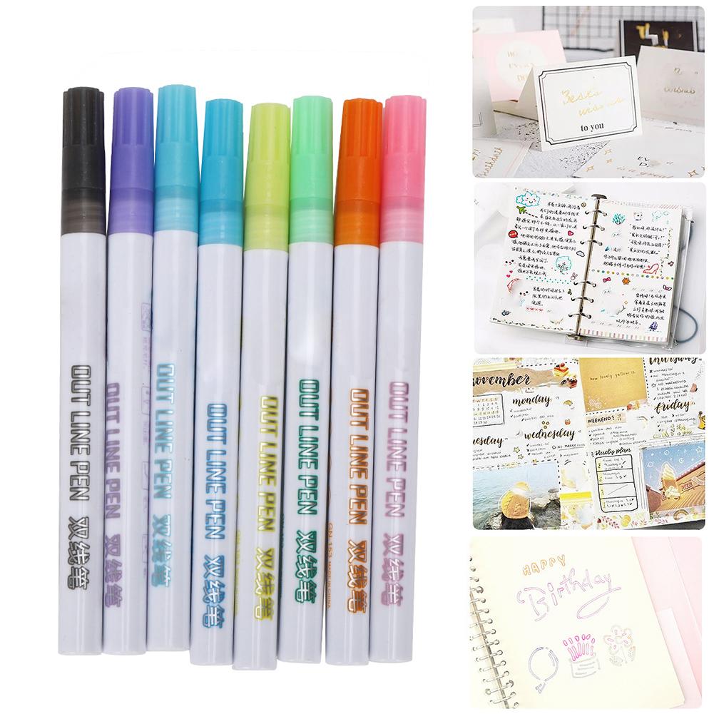 8Pcs Double Line Pen Color DIY Drawing Marker Highlighter Stationery Art Supplies