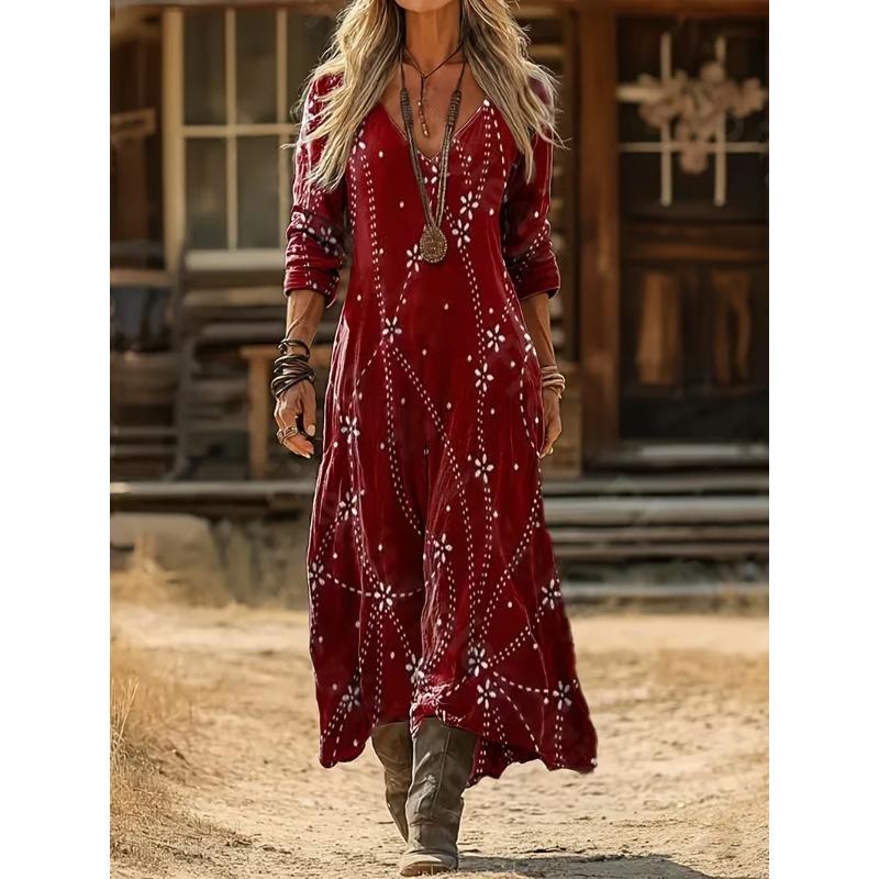 Creative Tie-dye Printing Women's New V-neck Long-sleeved Dress Medium and Long Dress