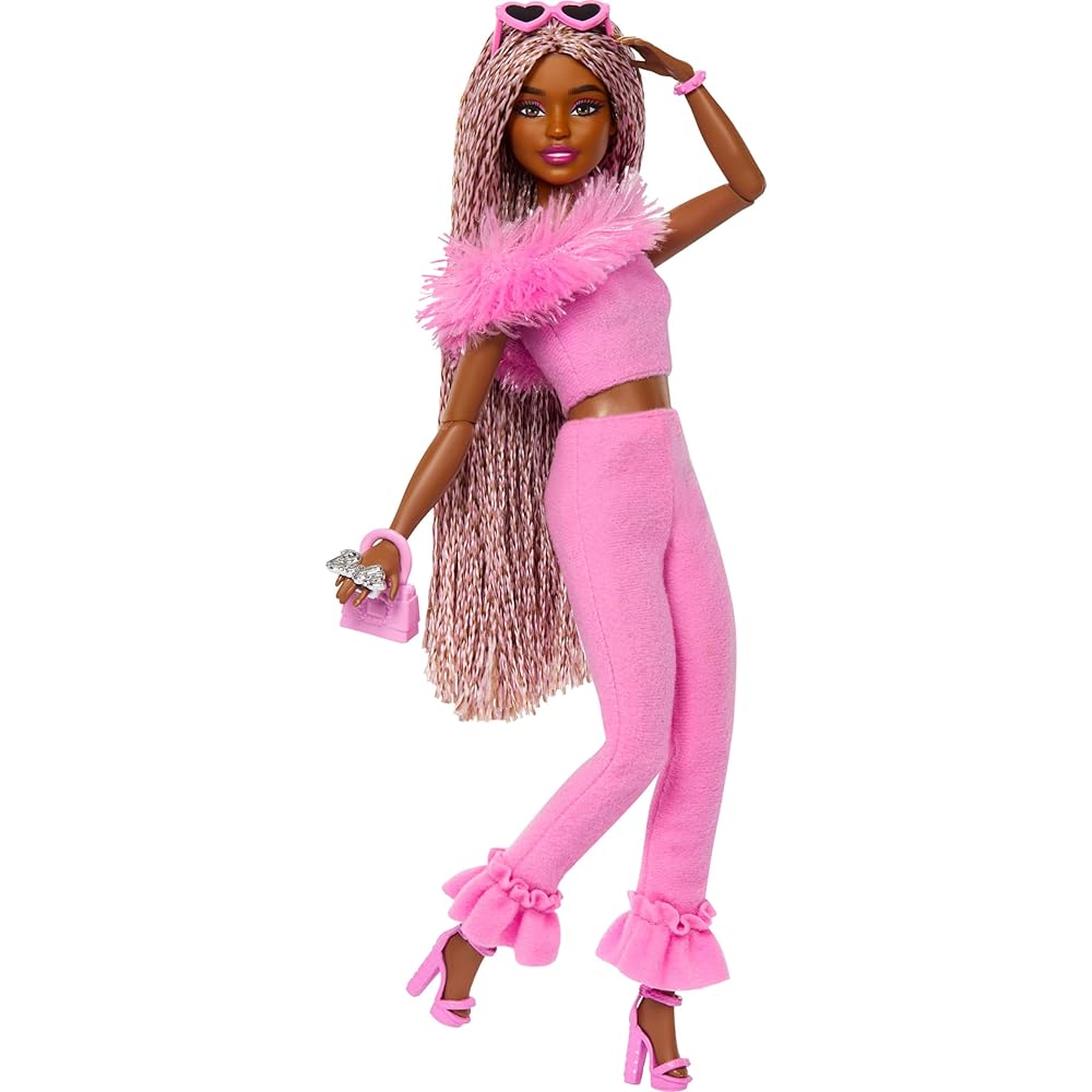 

Barbie Deluxe Style Doll 4 Inch Pink and Brown Braids Soft Pink Top and Pants Set with Fun Accessories