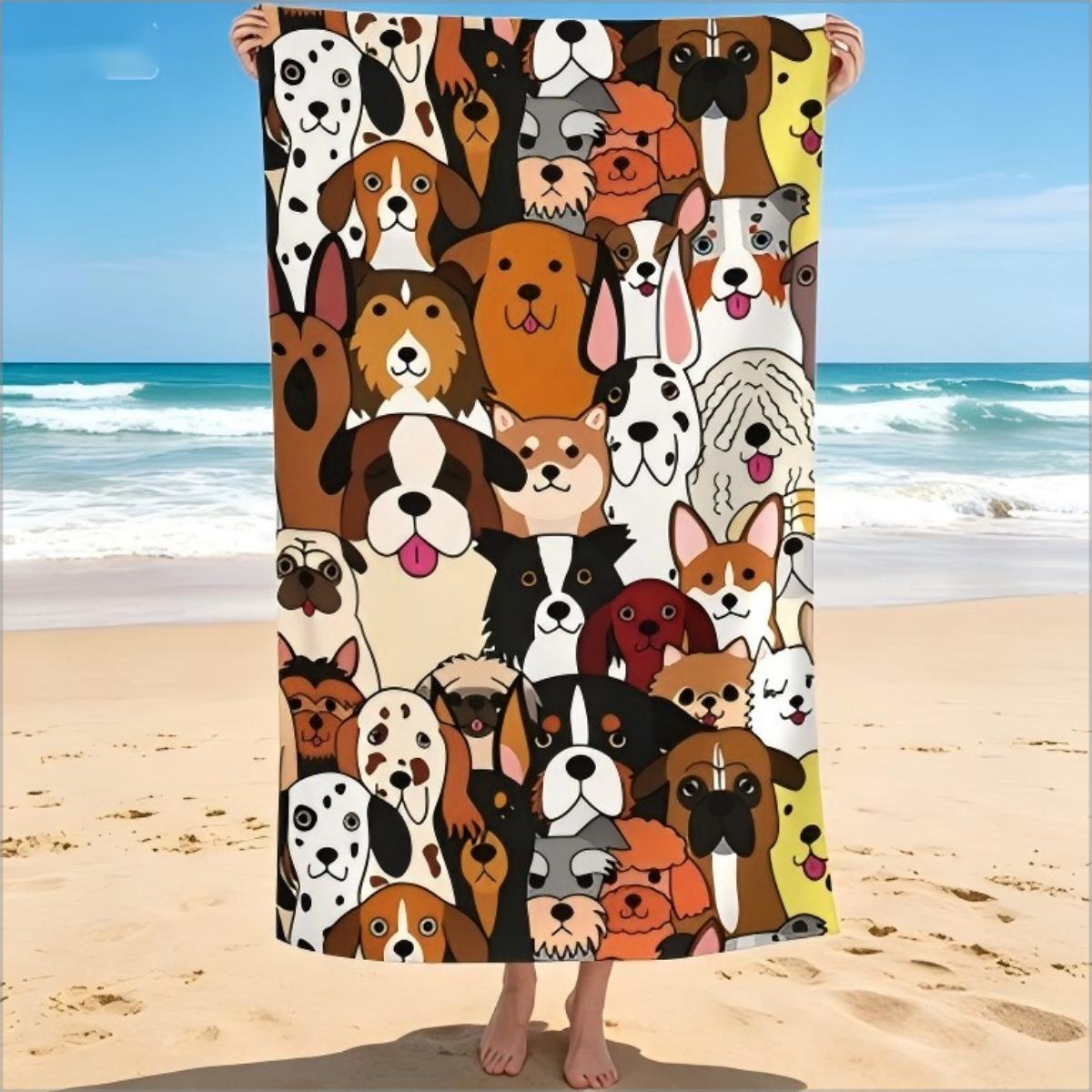 

Cartoon Dog Breeds Print Beach Towel Cute Puppy Design Quick Dry Absorbent Microfiber Towel for Pet Lovers Summer Beach Pool W40*H60(CM)