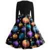 Women Casual Vintage Dress V Neck Long Sleeve Floral Print Retro Swing Dress with Waist Tie for Halloween