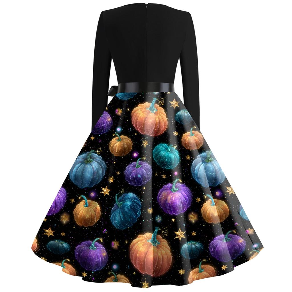 Women Casual Vintage Dress V Neck Long Sleeve Floral Print Retro Swing Dress with Waist Tie for Halloween