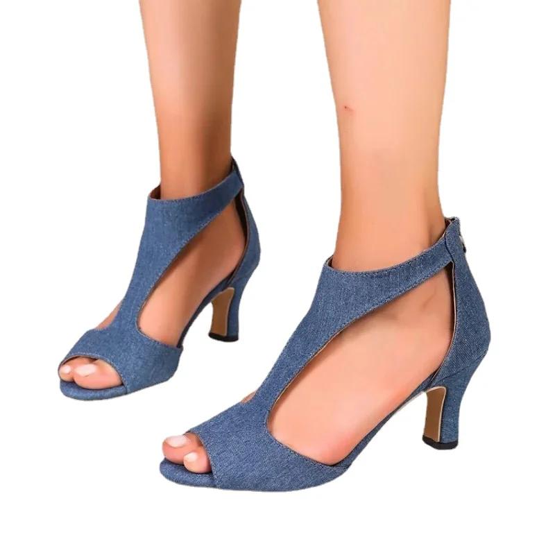 Fashion Women Denim Rome Sandals High Heels Sexy Women Summer Designer Party Shoes Dress Open Toe Slippers  Brand Slides Femme Pumps