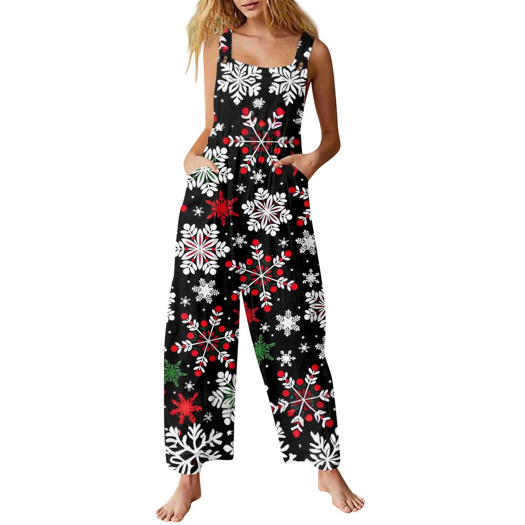 Damen Casual Weihnachts-Jumpsuit Ärmelloser Baumwoll-Jumpsuit mit Aufdruck