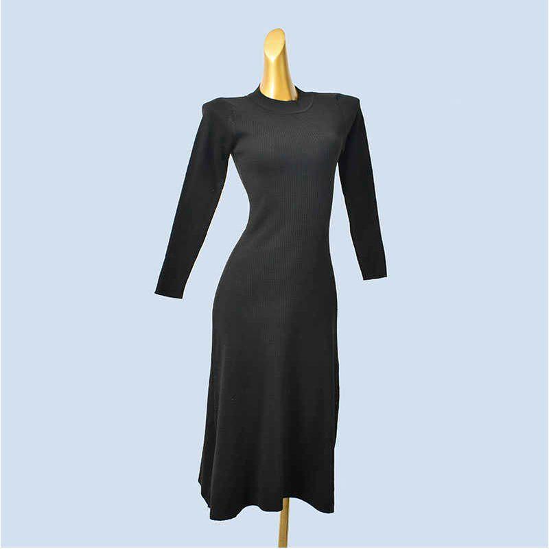 

round Neck Long sleeve Versatile Slimming Waist Hugging A Word Black Mid-Length Knitted Base Dress Autumn Black All yards