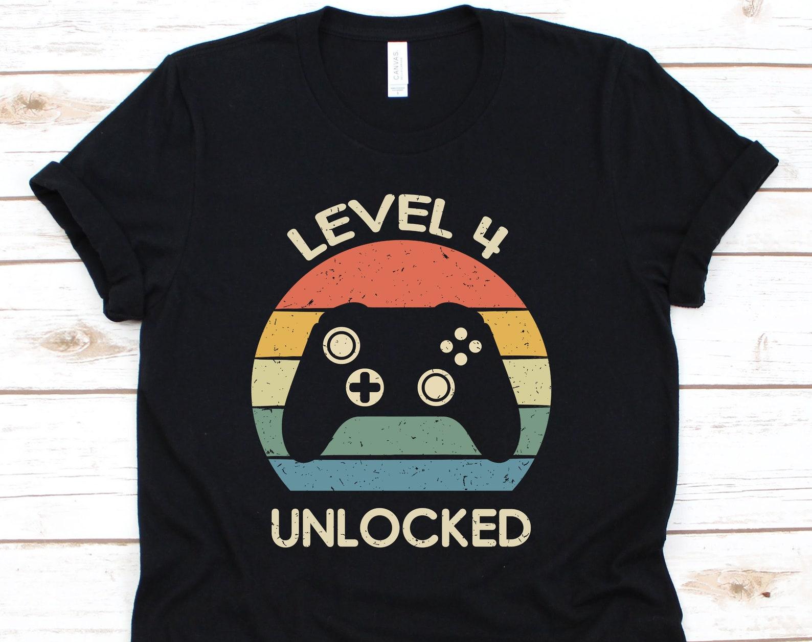 Level 4 Unlocked Shirt, Cool 4th Birthday Gift For Boy Girl, Fourth Birthday Gamer Party For Four Years Old, Birthday Retro Gamer Tshirt 3XL