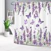 Purple Floral Shower Curtain Purple Lavender and Butterfly on White Shower Curtain for Bathroom, Rustic Flower Plant Shower Curtain Set Durable