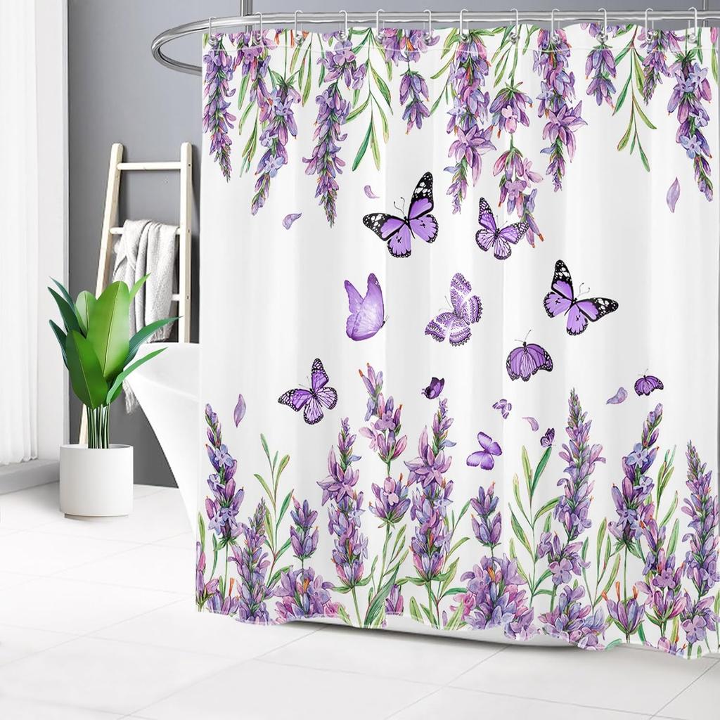 Purple Floral Shower Curtain Purple Lavender and Butterfly on White Shower Curtain for Bathroom, Rustic Flower Plant Shower Curtain Set Durable