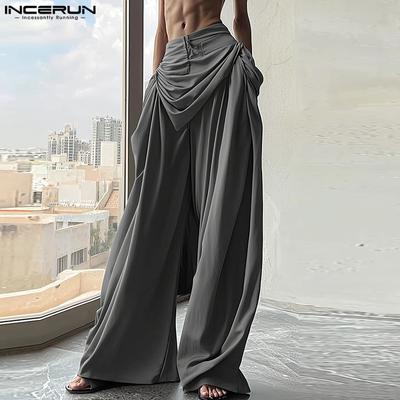Men Zipper Waist Ruffled Casual Loose Long Pants Trousers
