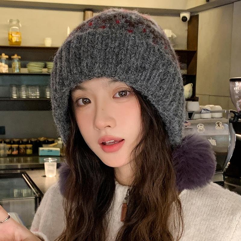 New Fair Island Wind Autumn and Winter Female Cute Ear Protection Wool Hat Outdoor Hairball Warm Ski Cold Knitted Hat