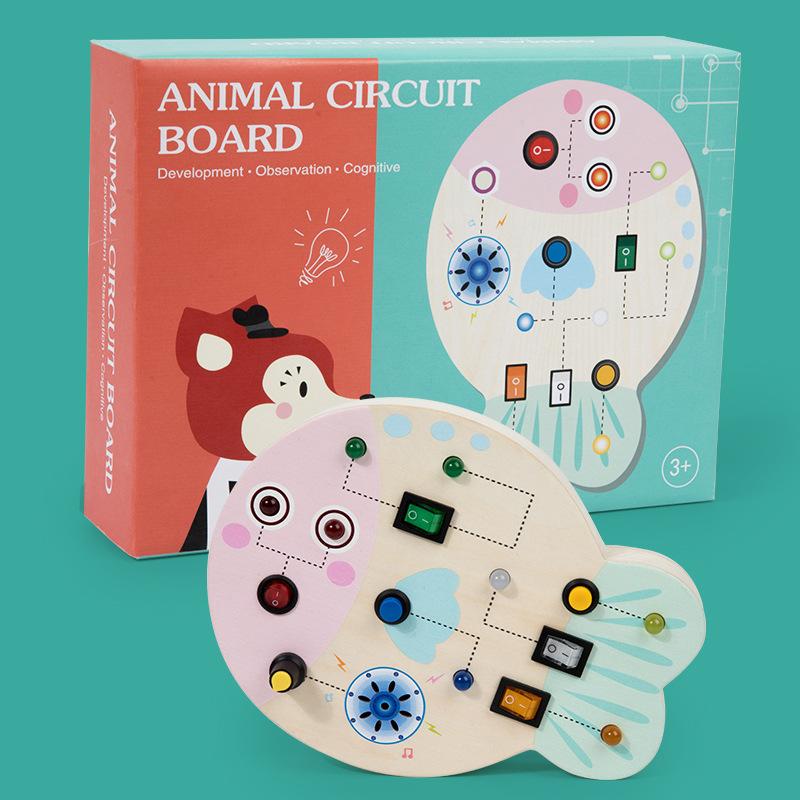 Wooden busy board circuit LED light simulation socket switch unlocking teaching aids life skills cognitive toys