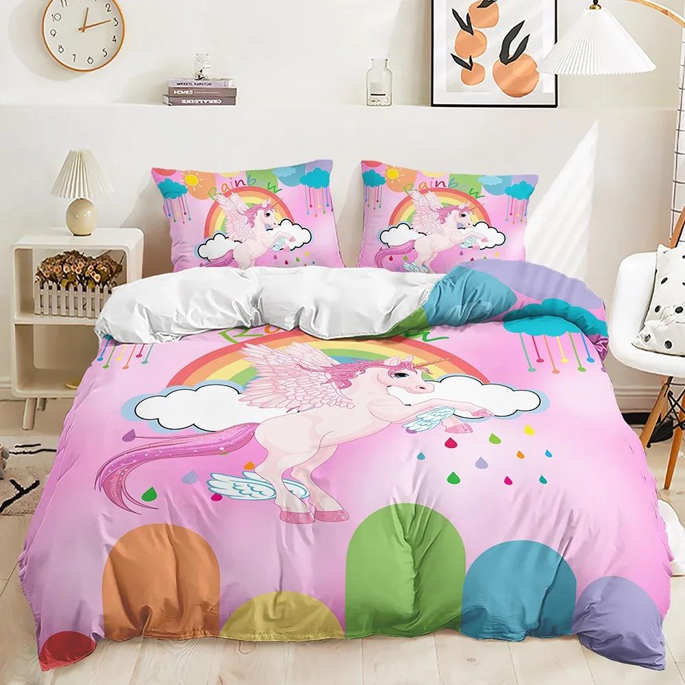 Bedding Sets for Girls,Stars,Moons,Unicorns,Fantasy Cartoon Duvet Cover Set,Twin Size Quilt Cover with Pillowcases,Bed Clothes