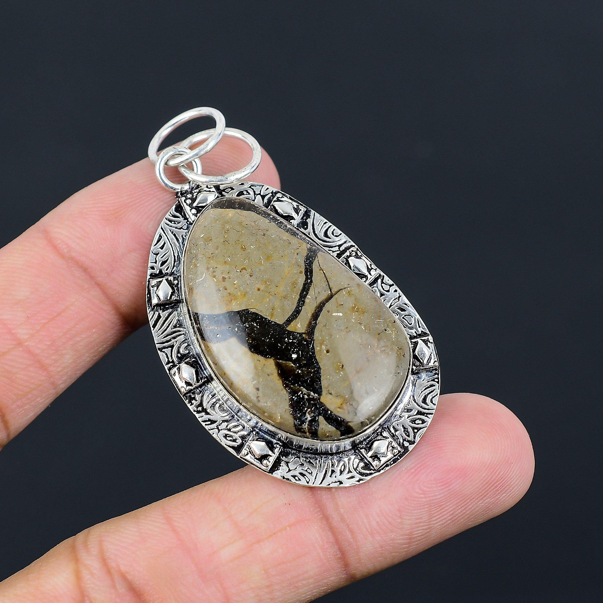 Halloween Deal 925 Silver Oval Septarian Gemstone Bezel Unique Art Deco Pendant